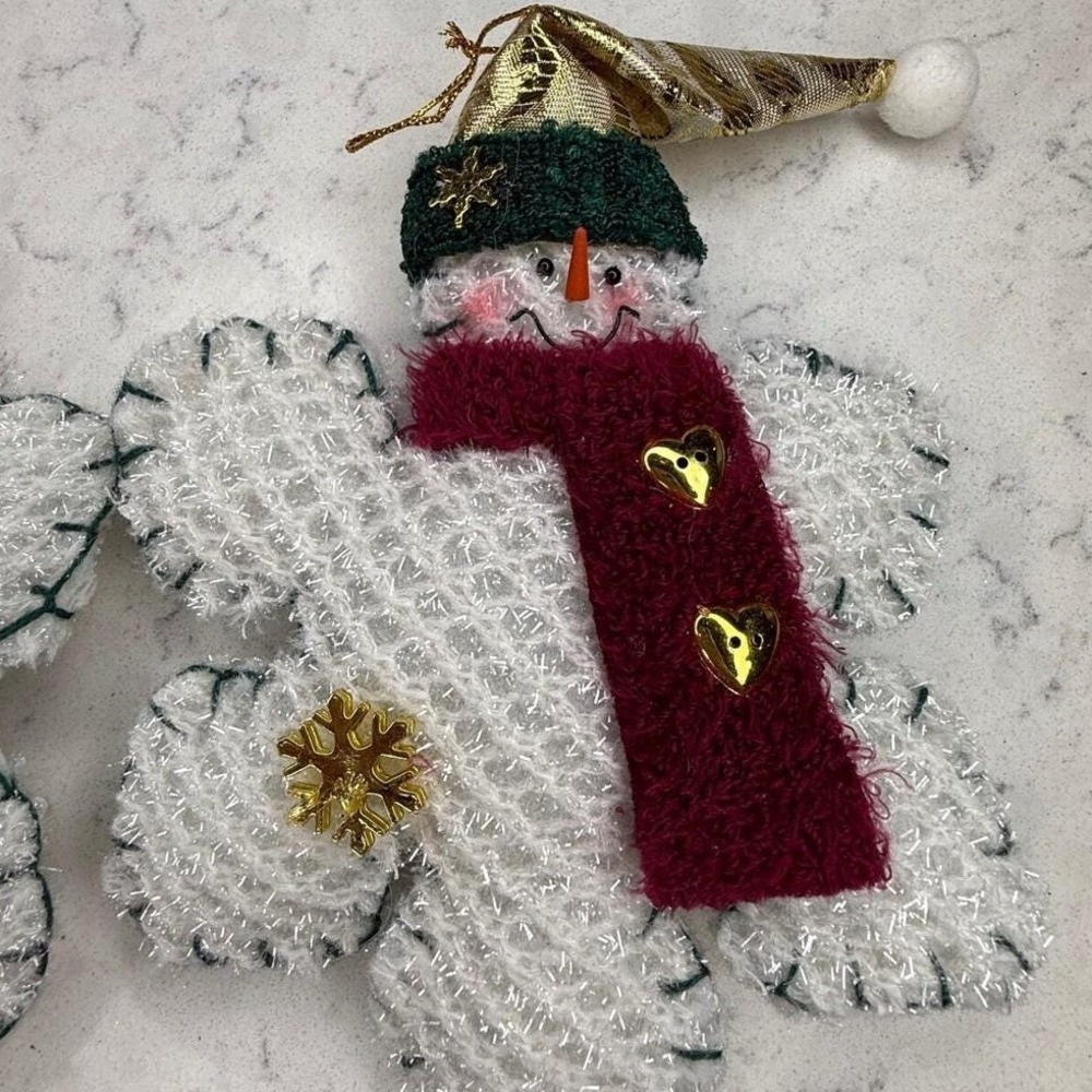 Set Of 2 Snowman Christmas Ornaments Plush White Scarf Hat Glitter Snowflake - Picture 3 of 6